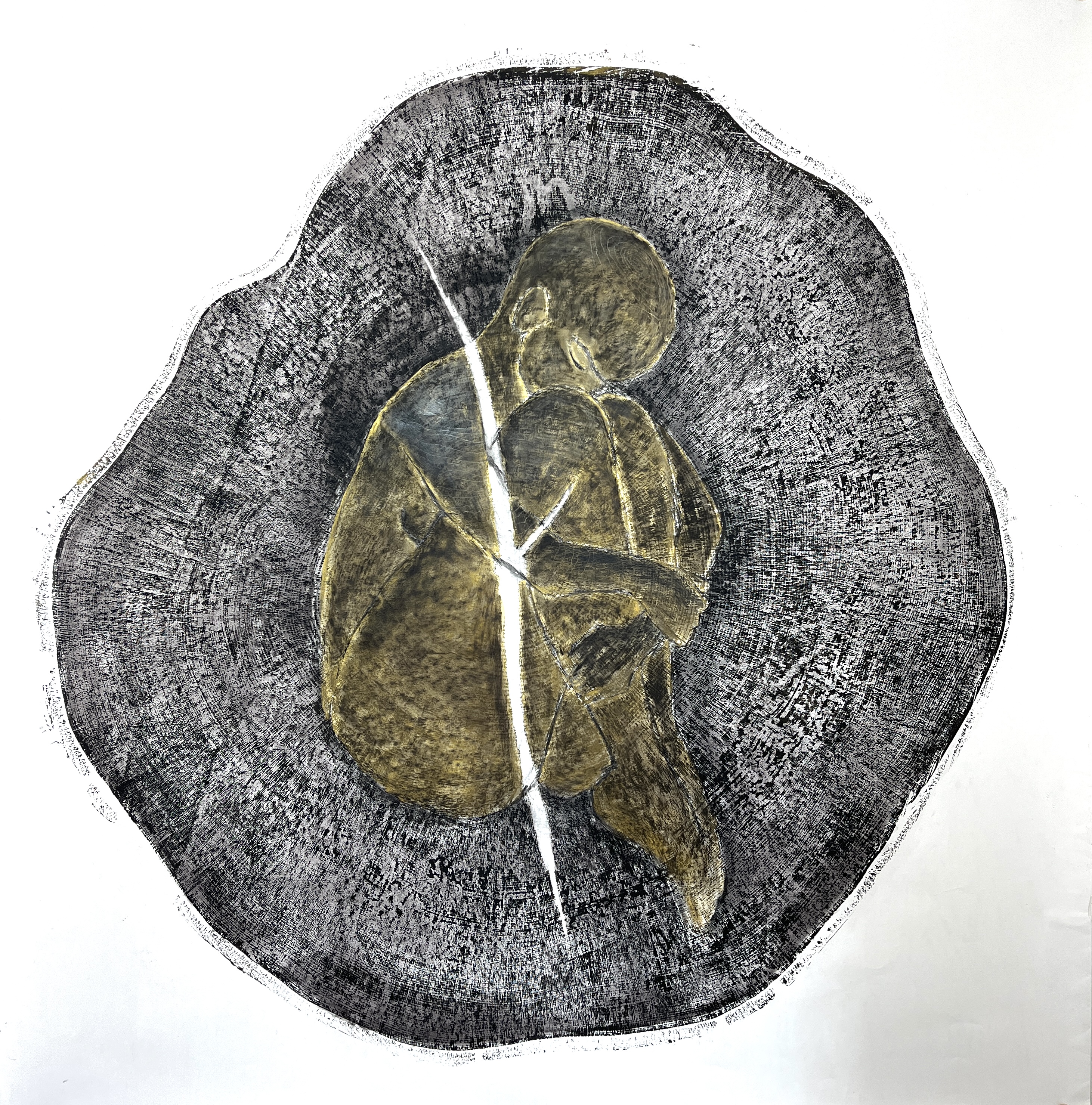 Parent/Kin — circular print from the (H)Être series, showing a figure curled within the growth rings of a beech tree cross-section, rendered in printing ink, charcoal, and oil pastels.
