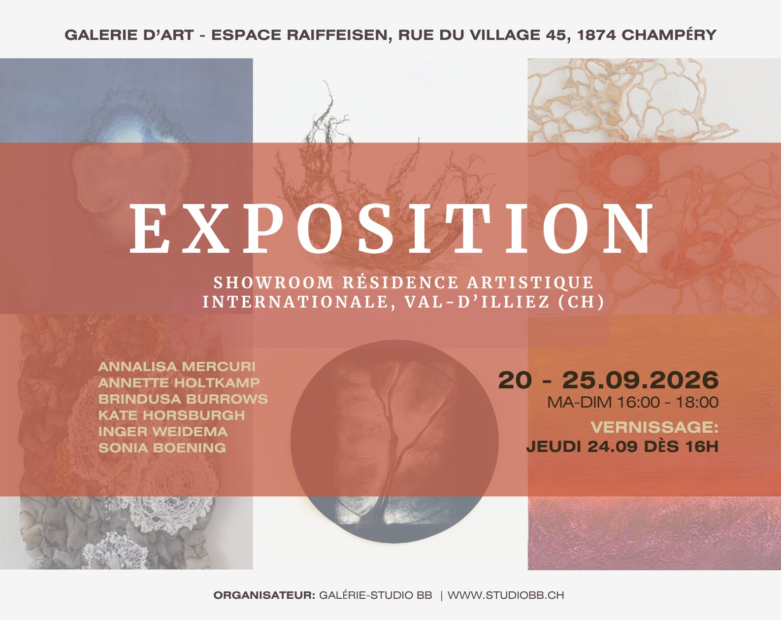 Exposition flyer for the International Artist Residency showroom at Espace Raiffeisen, Champéry, September 2026.